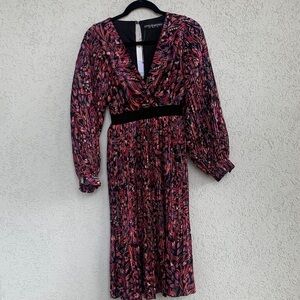 Little Mistress Pink and Black floral ling sleeve pleated midi dress